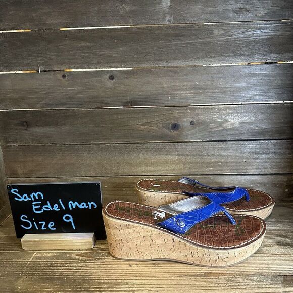 Womens Sam Edelman Romy Cork Blue Crocodile Print Wedge‎ Thong Sandals Size 9 M - Picture 1 of 9